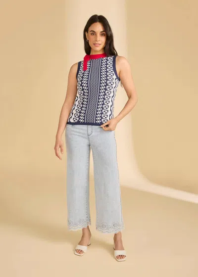 Fdj Sleeveless Jacquard Viscose Knit Top In Navy In Multi