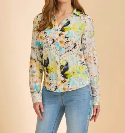 Fdj Split Neck Print Long Sleeve Cotton Print Blouse In Pacific Paisley In Green