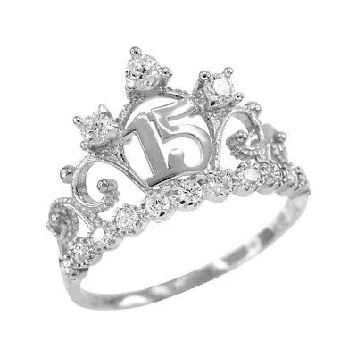 Pre-owned Fdj White Gold 15 Años Quinceanera Crown Cz Ring
