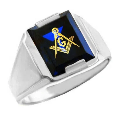 Pre-owned Fdj White Gold Freemason Blue Stone Square And Compass Masonic Mens Ring