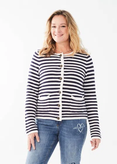 Fdj Wiley Crew Neck Cardigan In White And Navy Stripe In Multi