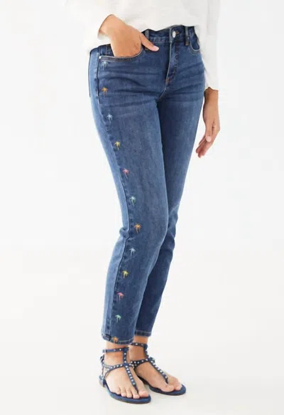 Fdj Olivia Embroidered Pastel Palm Trees Pencil Ankle Denim Jeans In Medium Wash In Blue