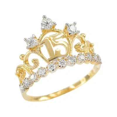 Pre-owned Fdj Yellow Gold 15 Años Quinceanera Crown Cz Ring
