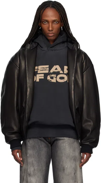Fear Of God Black Hooded Leather Bomber Jacket
