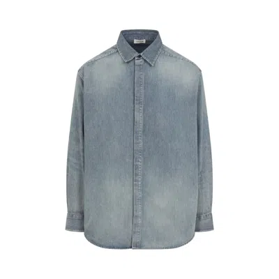 Fear Of God Button-down Cotton Shirt With Faded Denim Appearance In Blue