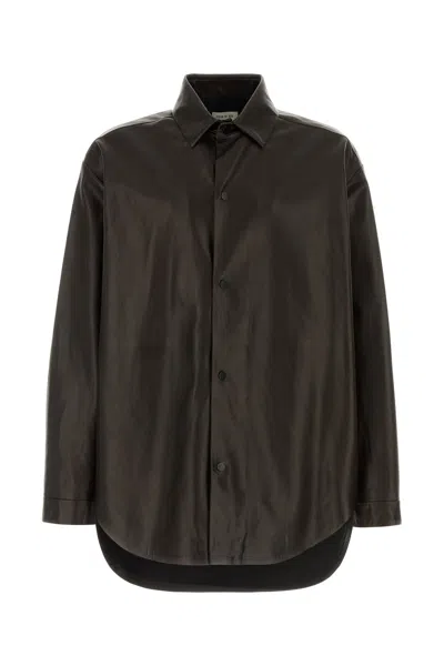Fear Of God Leather Oversize Shirt Curved Hem Long Sleeves In Brown