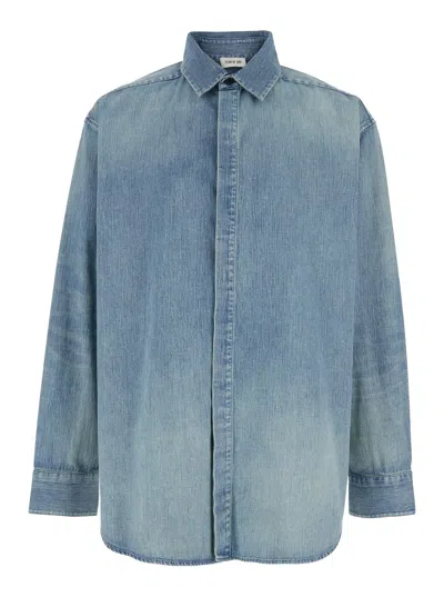FEAR OF GOD BLUE SHIRT WITH CLASSIC COLLAR AND LOGO PATCH ON THE BACK IN DENIM MAN