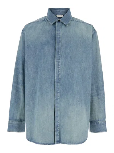 FEAR OF GOD BLUE SHIRT WITH CLASSIC COLLAR AND LOGO PATCH ON THE BACK IN DENIM MAN