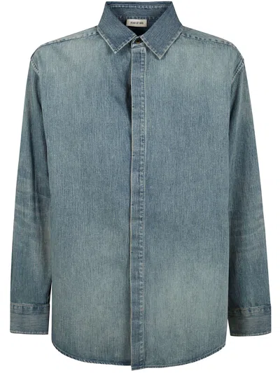 Fear Of God Light Blue Shirt With Faded Denim Effect In Animal Print