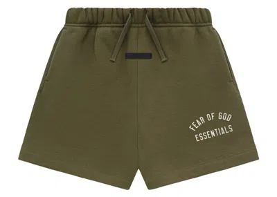 Pre-owned Fear Of God Essentials Kids Fleece Soccer Short In Military