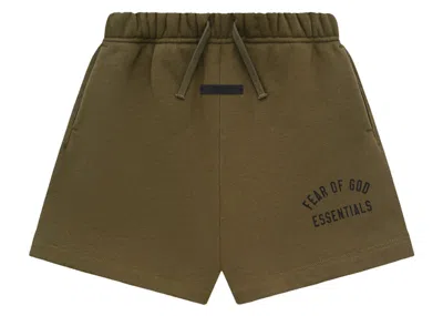 Pre-owned Fear Of God Essentials Kids Fleece Soccer Short In Olive