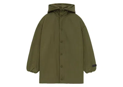 Pre-owned Fear Of God Essentials Kids Textured Nylon Hooded Coaches Jacket In Military