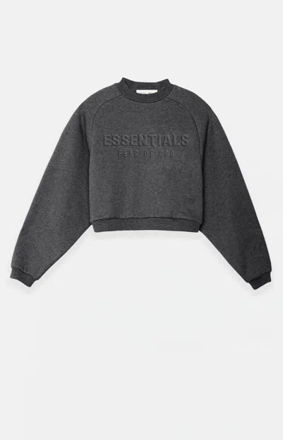Fear Of God Essentials Women's Charcoal Heather '90s Embossed Raglan Cropped Crew Neck Sweatshirt In Gray