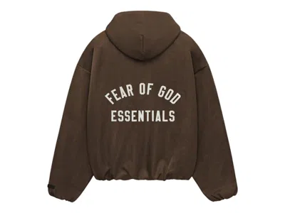 Pre-owned Fear Of God Essentials Women's Textured Nylon Hooded Bomber Jacket In Brown