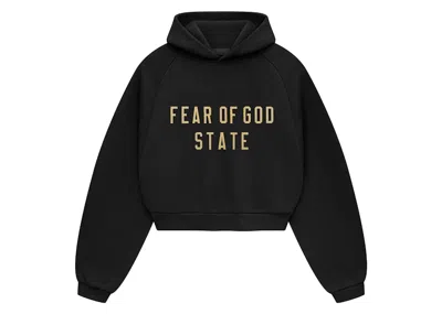 Pre-owned Fear Of God Essentials Womens Fleece Cropped Hoodie In Black