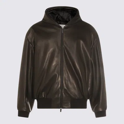 Fear Of God Hooded Leather Jacket With Ribbed Cuffs And Hem In Brown