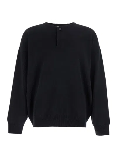 Fear Of God Henley Black Crewneck Sweater With Logo Patch On The Rear In Wool Man In Blue