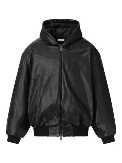 Fear Of God Padded Leather Hooded Bomber Jacket In Black