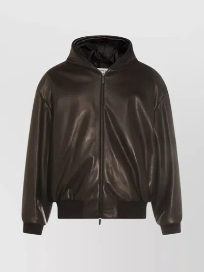 FEAR OF GOD HOODED LEATHER JACKET WITH RIBBED CUFFS AND HEM