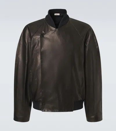 Fear Of God Black Leather Raglan Bomber Jacket In Burgundy