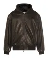 Fear Of God Hooded Leather Jacket With Ribbed Cuffs And Hem In Brown
