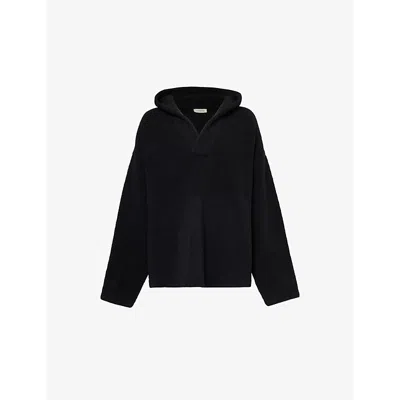 FEAR OF GOD MENS BLACK BRAND-PATCH BOUCLÉ RELAXED-FIT VIRGIN WOOL-BLEND HOODY