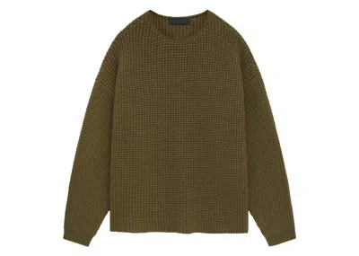 Pre-owned Fear Of God Men's  Essentials Heavy Waffle Crewneck Sweatshirt Sweater In Olive