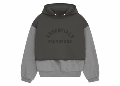 Pre-owned Fear Of God Men's  Essentials Nylon Fleece Hooded Sweater In Dark Heather Oatmeal/ink