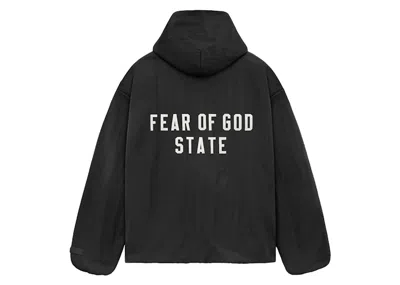 Pre-owned Fear Of God Men's  Essentials Textured Nylon Hooded Coaches Jacket In Black