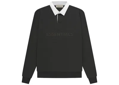 Pre-owned Fear Of God Men's  Essentials Waffle Henley Rugby In Off Black
