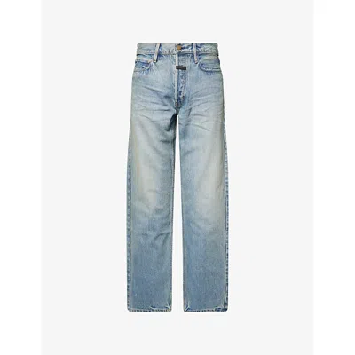 Fear Of God Mens Light Indigo Logo-patch Straight-fit Denim Jeans In Blue