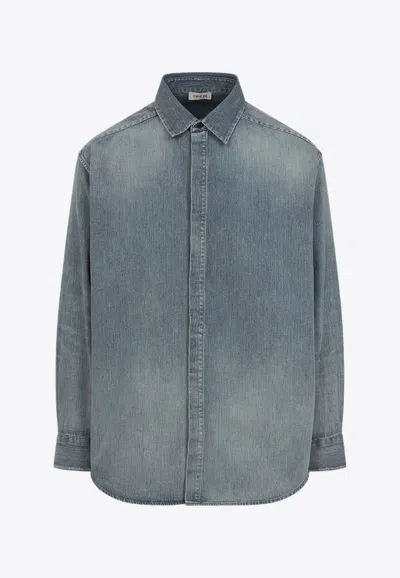 Fear Of God Light Blue Shirt With Faded Denim Effect In Animal Print