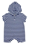 Feather 4 Arrow Finn Stripe Terry Hooded Romper In Navy/white Stripe