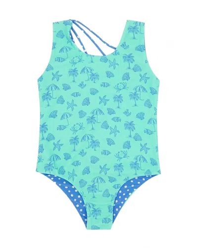 Feather 4 Arrow Kids' Girls Crystal Summer Sun Reversible One Piece Swimsuit In Aqua In Blue