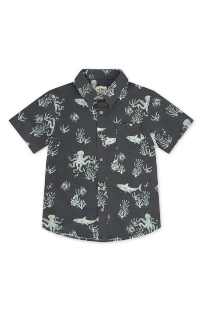 Feather 4 Arrow Kids' Ocean Print Short Sleeve Button-up Shirt In Black