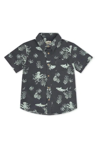 Feather 4 Arrow Kids' Ocean Print Short Sleeve Button-up Shirt In Black