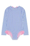 Feather 4 Arrow Kids' Stripe Ruffle Long Sleeve Upf 50+ One-piece Rashguard Swimsuit In Blue