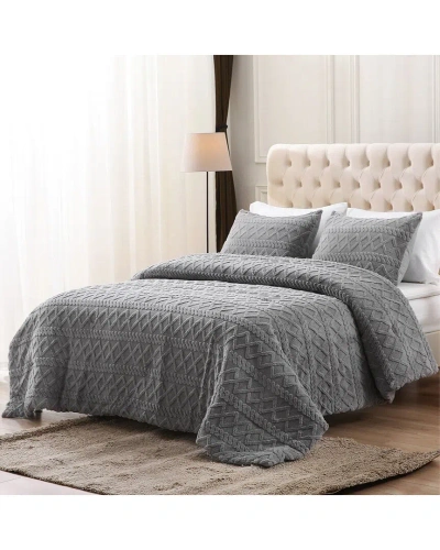 Feather & Loom Three-dimensional Carved Plush Comforter Set In Grey