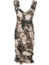 FEBEN BROWN ABSTRACT-PRINT SHIRRED MIDI DRESS - WOMEN'S - POLYESTER