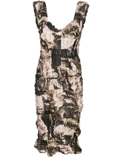 FEBEN BROWN ABSTRACT-PRINT SHIRRED MIDI DRESS