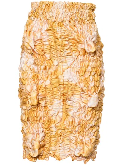 FEBEN YELLOW TIE-DYE SHIRRED MIDI SKIRT