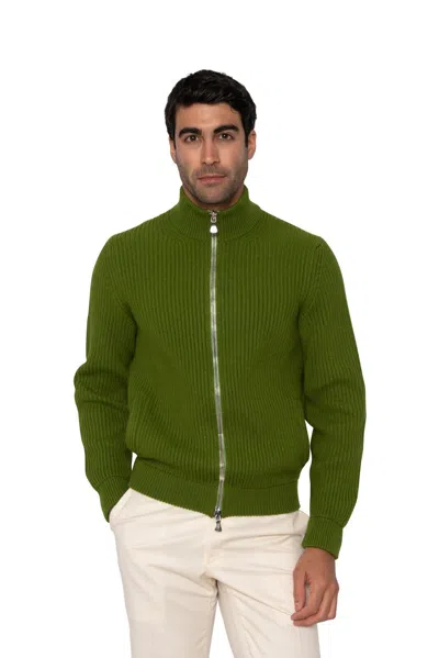 Pre-owned Fedeli $1900  Cashmere Cardigan Sweater Full Zip 100% Ribbed Cashmere Pesto Green