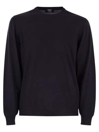 Fedeli Argentina Crew Neck Sweater In Superfine Wool In Blue