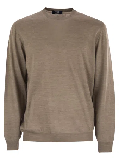 Fedeli Argentina Crew Neck Sweater In Superfine Wool In Brown