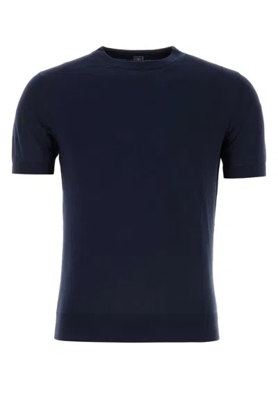 Fedeli Ribbed Cotton Crew-neck Sweater With Short Sleeves In Blue