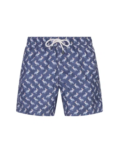 Fedeli Blue Swim Shorts With Pelican Pattern