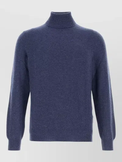 Fedeli Cashmere Turtleneck Sweater Ribbed Cuffs Hem In Blue