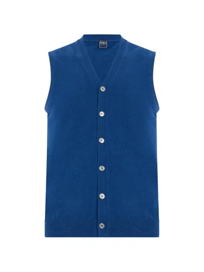 Fedeli Cashmere V-neck Sleeveless Cardigan In Blue
