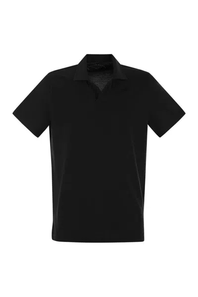 Fedeli Cotton Polo Shirt With Open Collar In Black