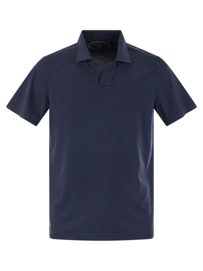 Fedeli Cotton Polo Shirt With Open Collar In Blue